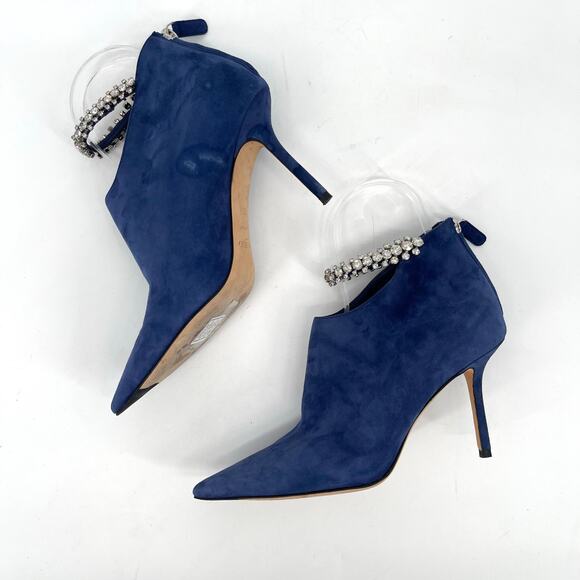 Jimmy Choo Blaize 100 Navy Blue Suede Ankle Bootie Crystal Strap size IT 37 - Picture 4 of 12